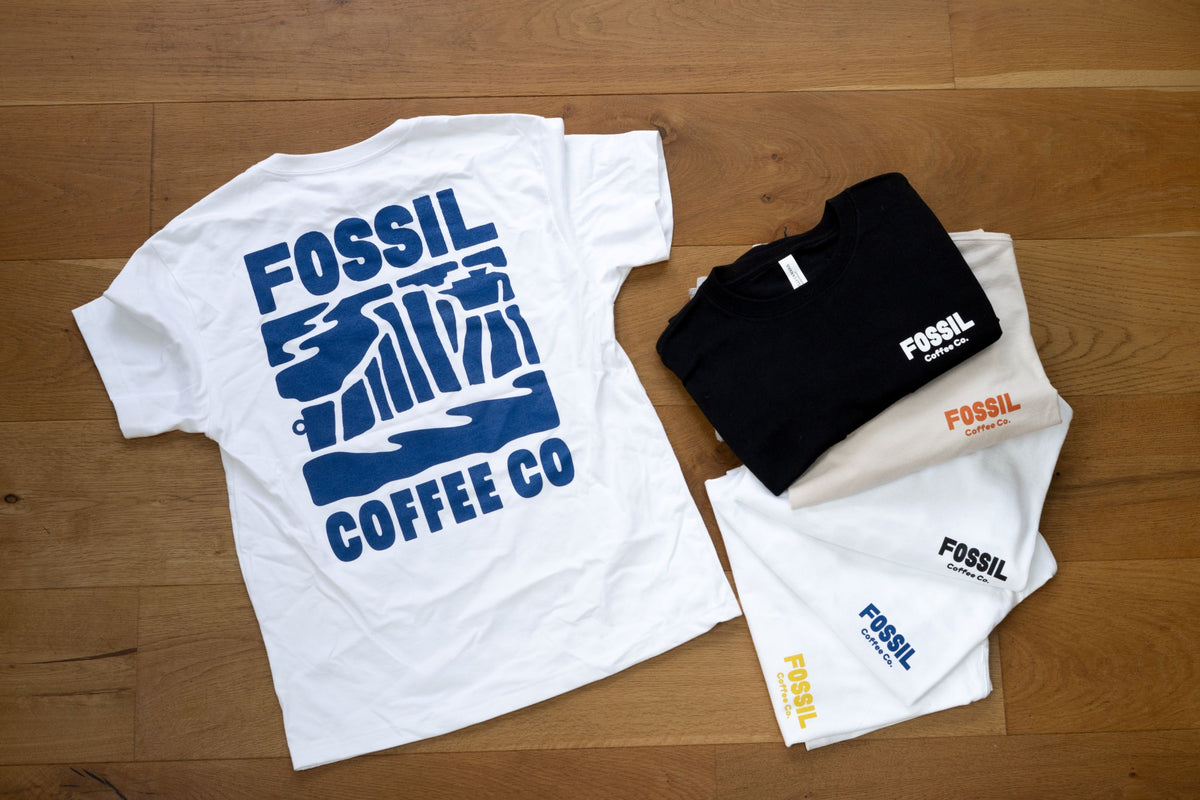 Fossil Coffee Co T-Shirt - White with Blue Print