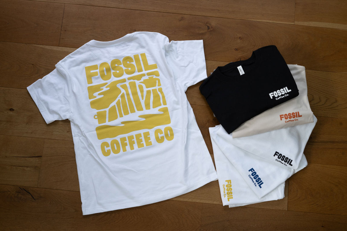 Fossil Coffee Co T-Shirt - White with Yellow Print